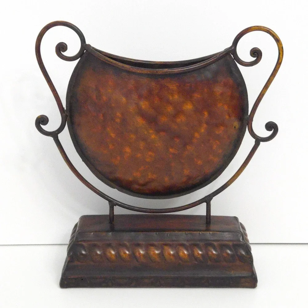 Tuscan Floral & Scroll Brown Hammered Metal Mediterranean Cradle Vase w Handles